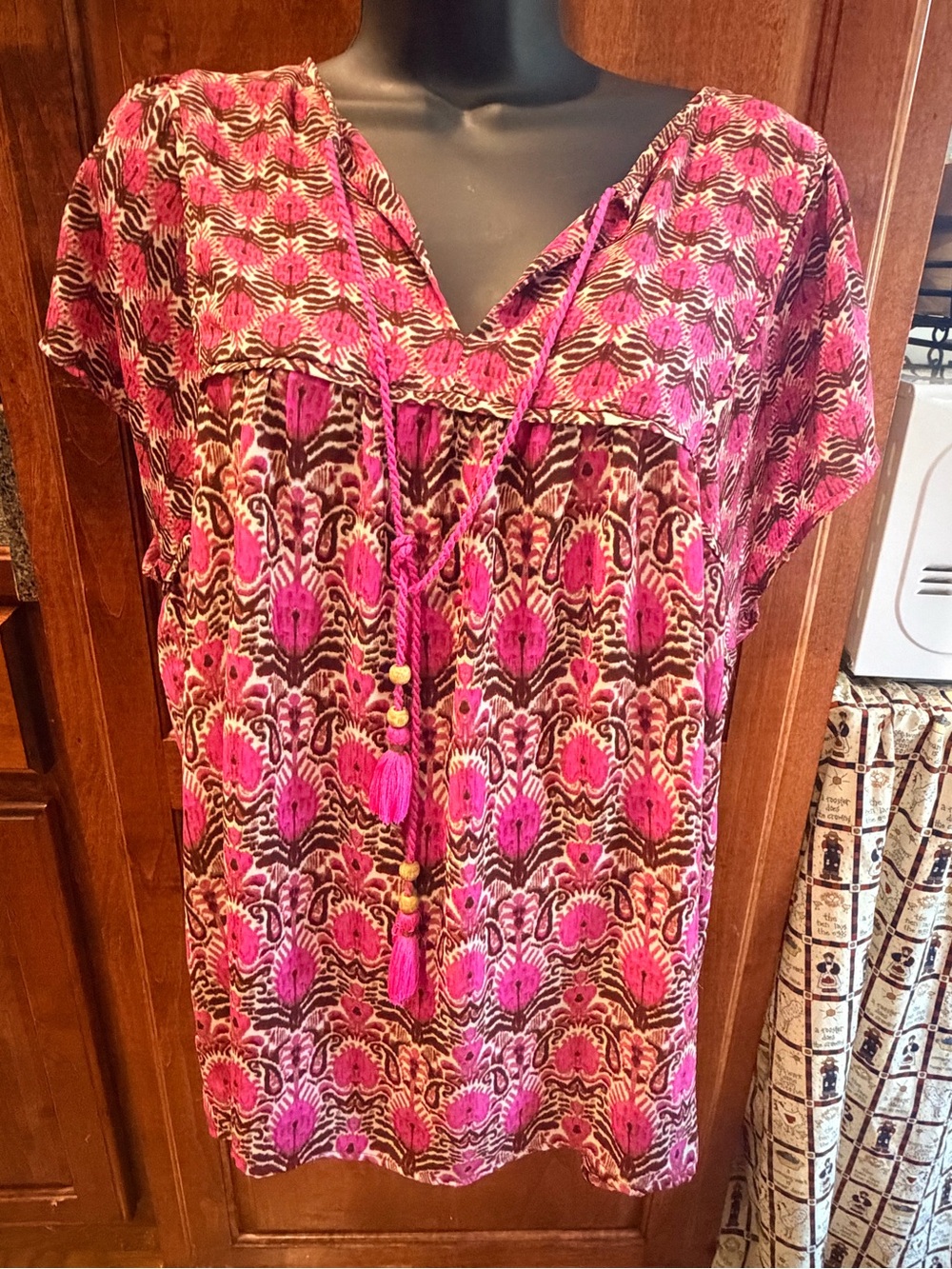 DR2 Pink and Brown Patterned V-Neck Tassel Tunic
